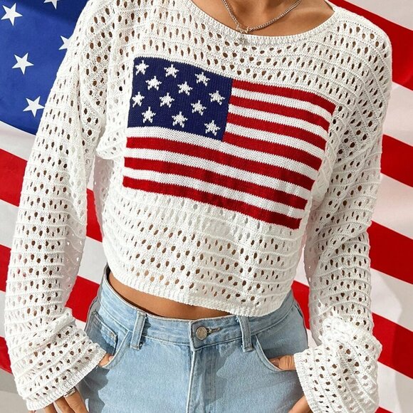 White Casual Women's Hollow Out Sweater With Flag Print Round Neck - Picture 3 of 7